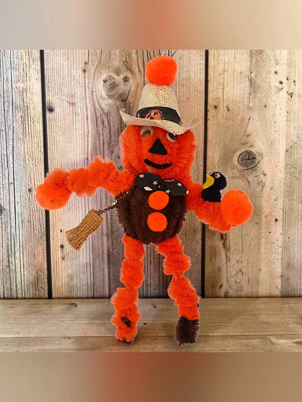 Vtg 70s Pumpkin Halloween Magnet Chenille Pipe Cleaner Scarecrow Googly Eyes
